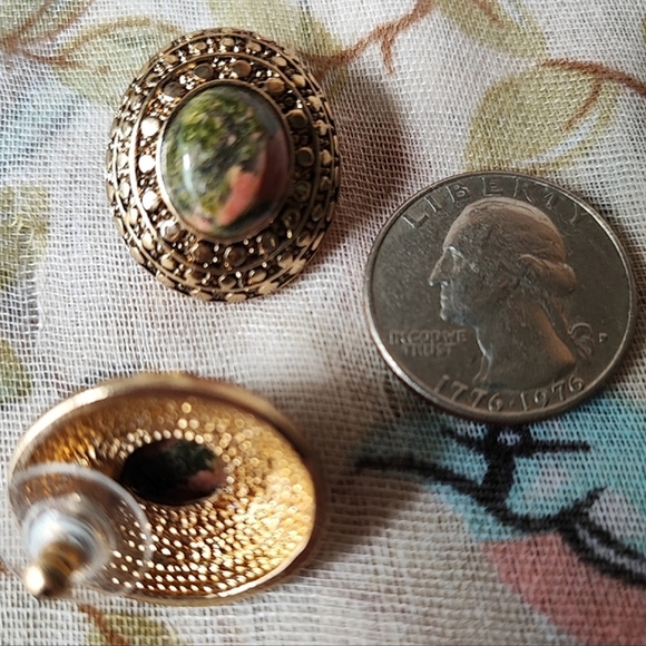 Unakite Stone Bracelet and Pierced Earrings Brass Tone Setting EUC Vintage - Picture 12 of 14